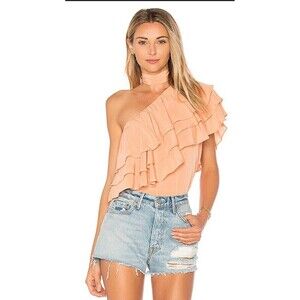 ENDLESS ROSE One Shoulder Ruffle Overlay Top in Nude Pink Size Large